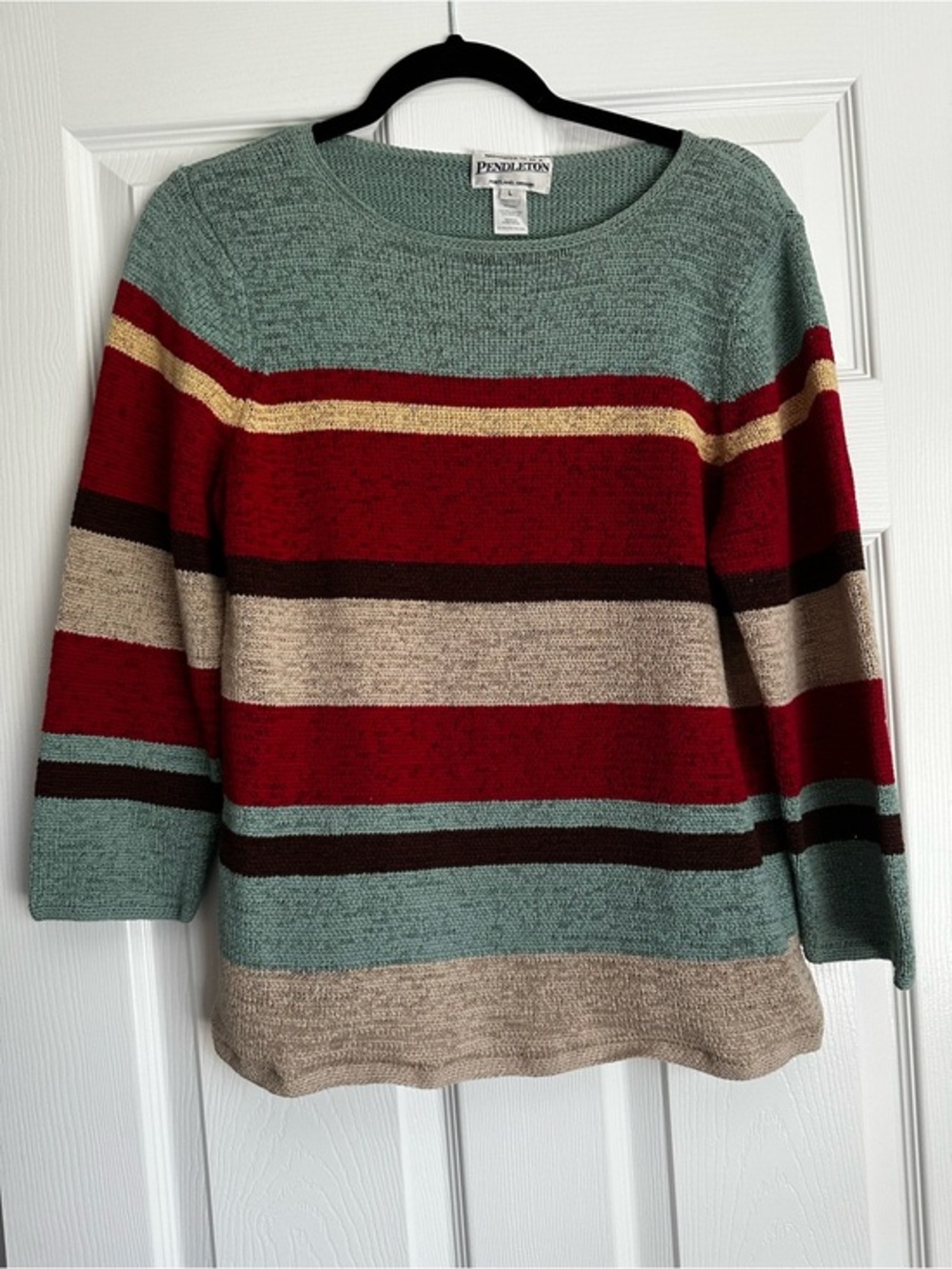 Pendleton Multi-Stripe Scoop Neck Sweater in Red, Teal & Cream-Large